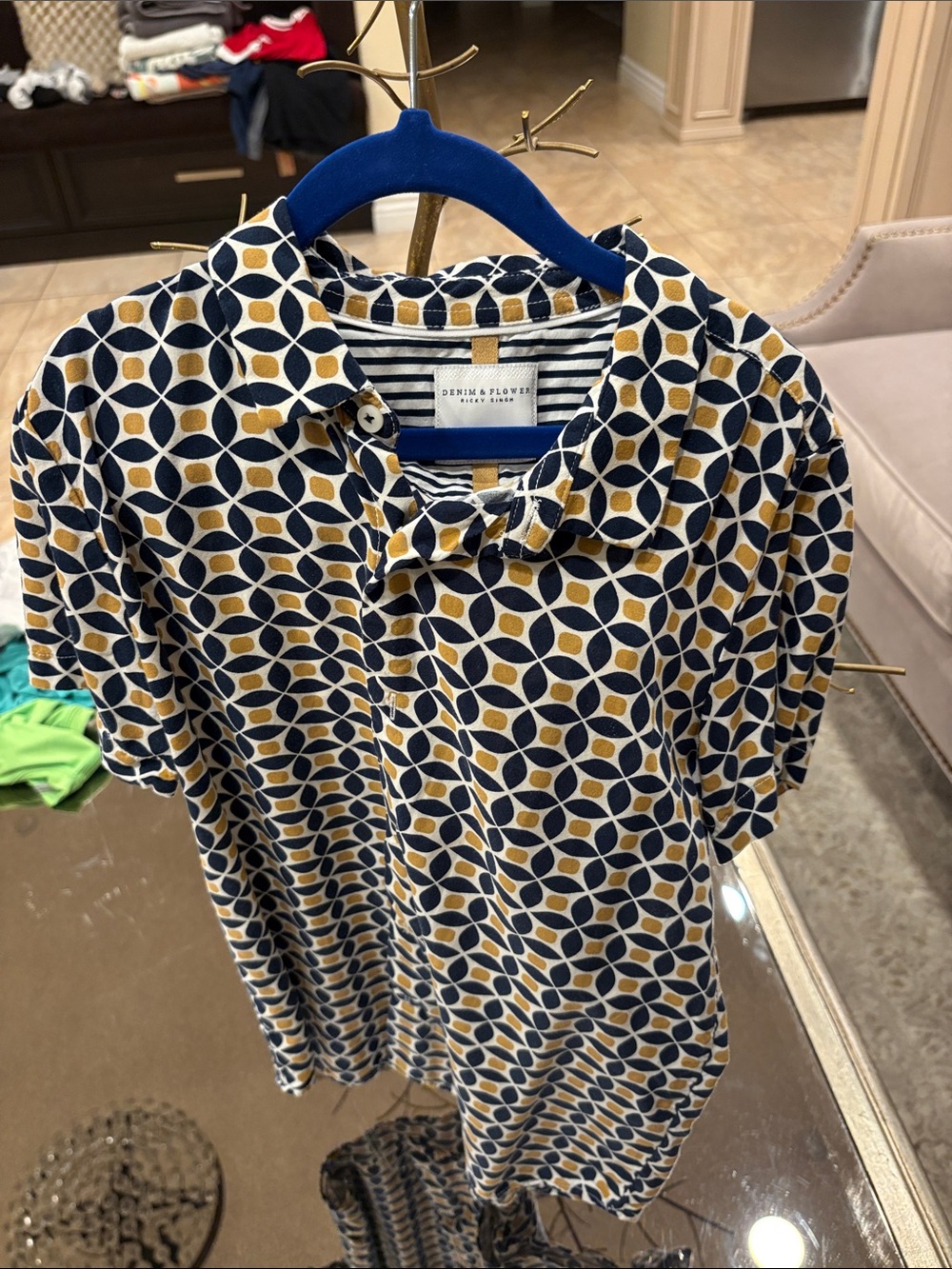 Denim & Flower Navy and Mustard Retro Circle Print Polo
